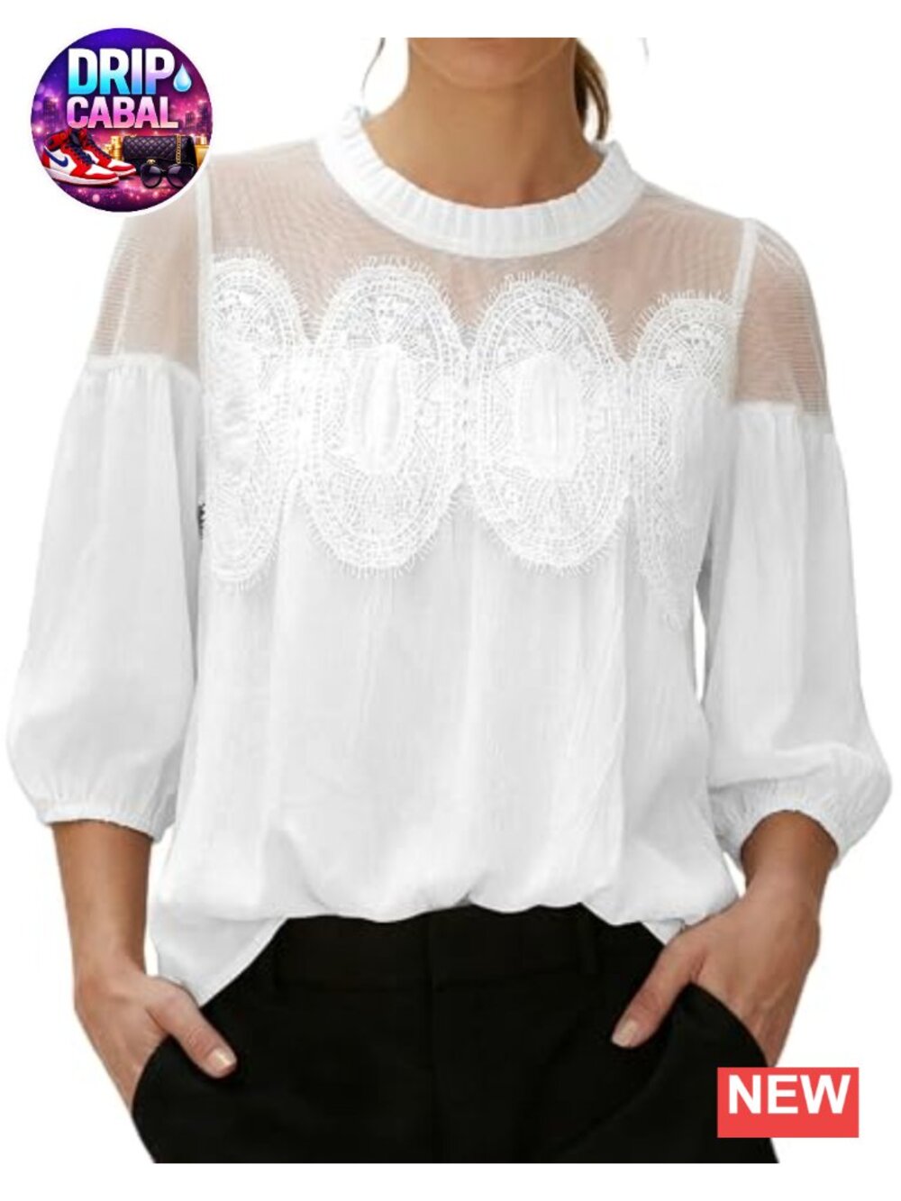 Women Lace Detail 3/4 Puff Sleeve Swing Babydoll Mesh Top Blouse